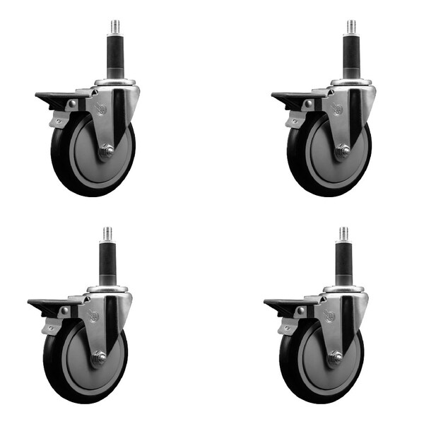 5'' Black Poly Swivel 1'' Expanding Stem Caster Set with Brake, 4PK